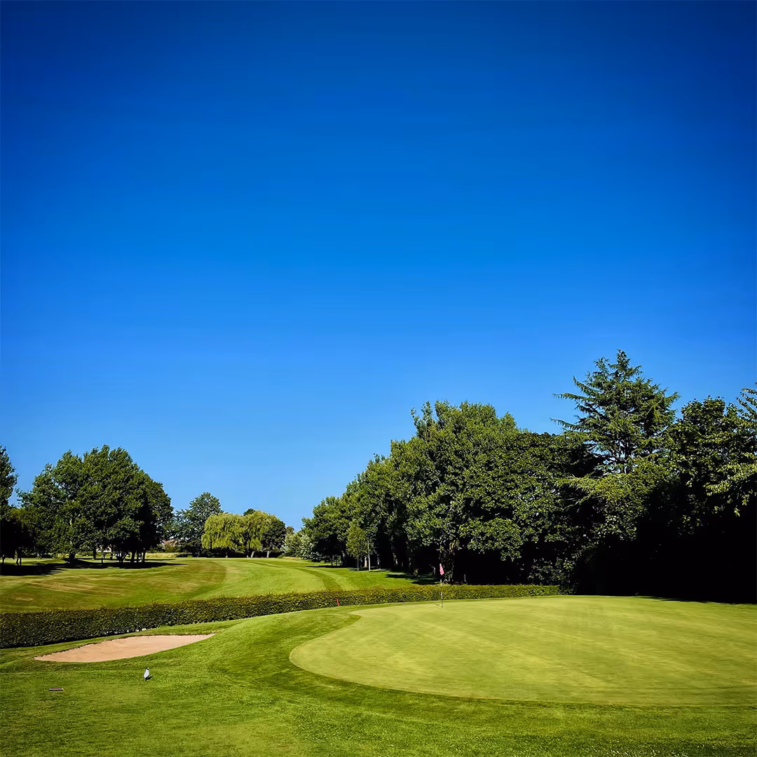 Golf course green with a flagstick, sand bunker, and surrounding trees under a clear blue sky.