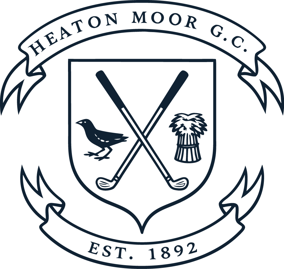 Heaton Moor Golf Club emblem with crossed golf clubs, a bird, and a sheaf of wheat, established in 1892.